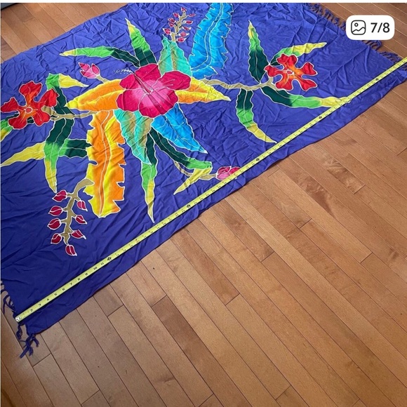 Vintage Bright Color Tropical Flowers Purple Sarong Scarf w/ Tassels - Picture 7 of 8